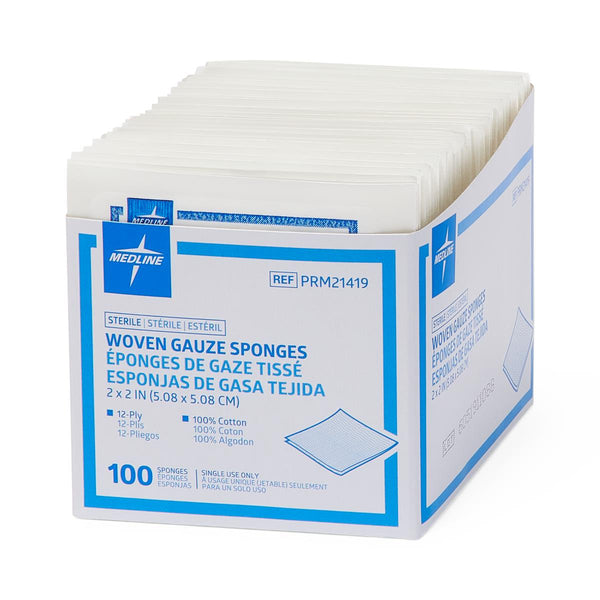 Economl Sterile 100%-Cotton Woven Gauze Sponge, 12-Ply, 2" x 2", 2/pk